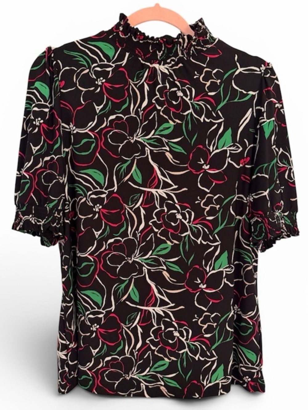 ANNE KLEIN M Black Floral Puff-Sleeved Top